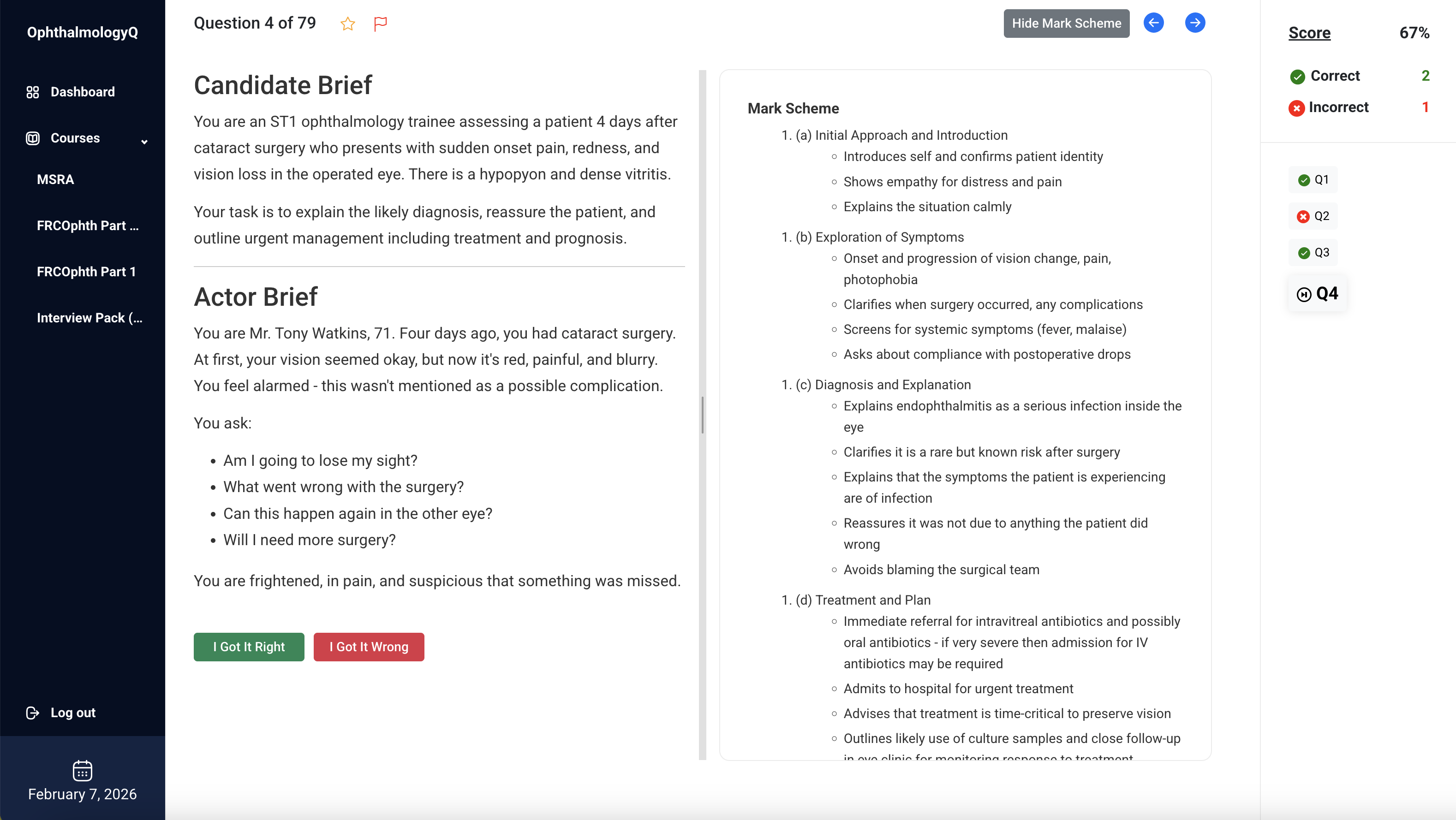 Ophthalmology ST interview scenario with mark scheme and scoring guidance